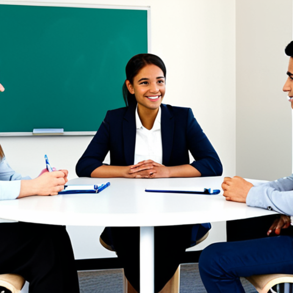 A professional female educator, in a modest business suit, sits at a modern, round conference table, facilitating an open and engaged discussion with three diverse young adults. The young adults, two females and one male, are fully clothed in appropriate, smart casual attire, seated around the table. The environment is a bright, clean community learning center with soft, natural lighting. A whiteboard in the background displays abstract, positive symbols representing learning and growth. safe for work, appropriate content, fully clothed, professional, perfect anatomy, correct proportions, natural pose, well-formed hands, proper finger count, natural body proportions, professional photography, high quality.
