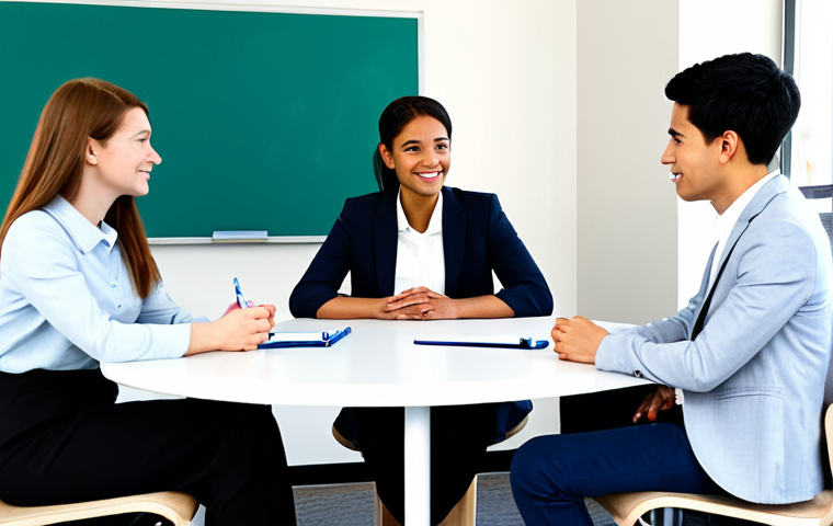 A professional female educator, in a modest business suit, sits at a modern, round conference table, facilitating an open and engaged discussion with three diverse young adults. The young adults, two females and one male, are fully clothed in appropriate, smart casual attire, seated around the table. The environment is a bright, clean community learning center with soft, natural lighting. A whiteboard in the background displays abstract, positive symbols representing learning and growth. safe for work, appropriate content, fully clothed, professional, perfect anatomy, correct proportions, natural pose, well-formed hands, proper finger count, natural body proportions, professional photography, high quality.