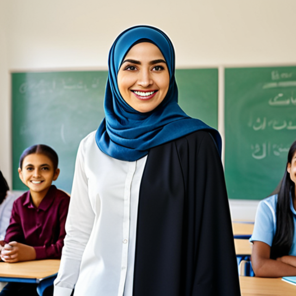 **

"A confident, professional female teacher in a modest hijab and smart, fully clothed business attire, smiling warmly at a diverse group of students in a bright, modern classroom. The classroom has posters promoting gender equality and respect. Safe for work, appropriate content, perfect anatomy, natural proportions, family-friendly, professional, high resolution."

**
