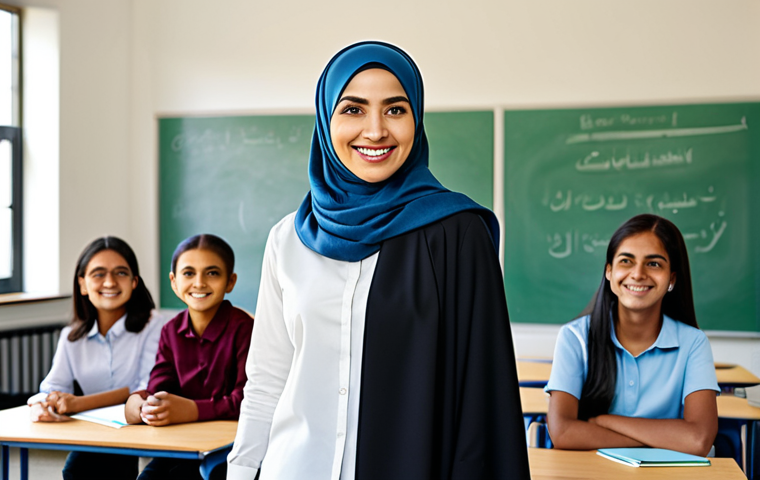 **
"A confident, professional female teacher in a modest hijab and smart, fully clothed business attire, smiling warmly at a diverse group of students in a bright, modern classroom. The classroom has posters promoting gender equality and respect. Safe for work, appropriate content, perfect anatomy, natural proportions, family-friendly, professional, high resolution."
**