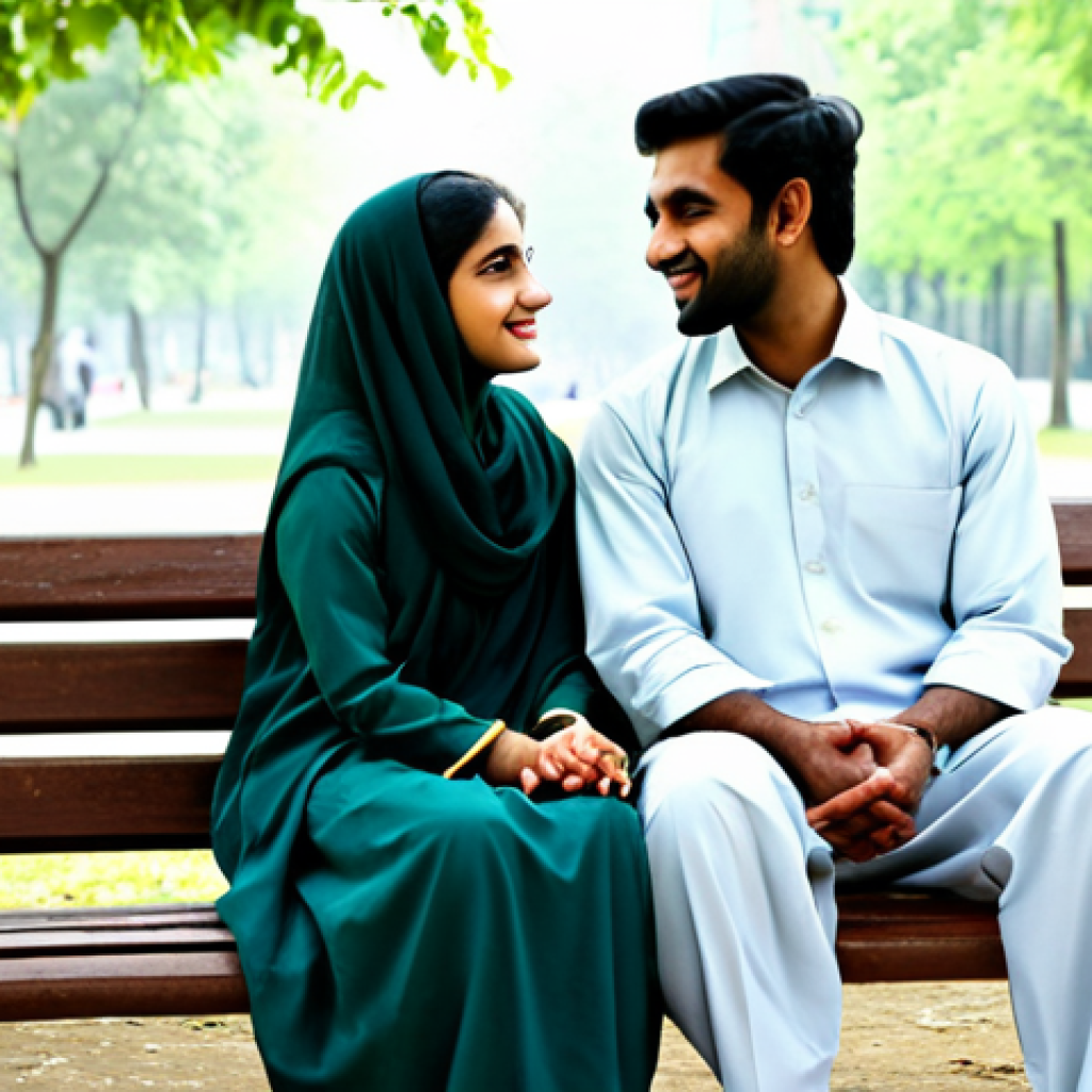 Healthy Relationship**
"A couple, fully clothed in modest, traditional Pakistani attire, sitting on a park bench, engaged in a loving conversation, safe for work, appropriate content, professional, perfect anatomy, natural pose, family-friendly."
**