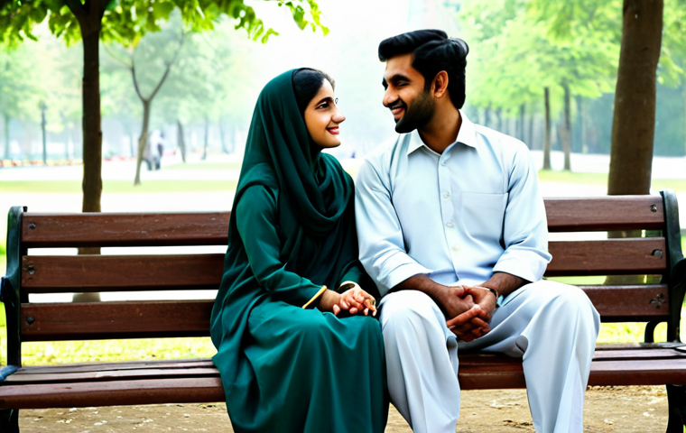 Healthy Relationship**
"A couple, fully clothed in modest, traditional Pakistani attire, sitting on a park bench, engaged in a loving conversation, safe for work, appropriate content, professional, perfect anatomy, natural pose, family-friendly."
**