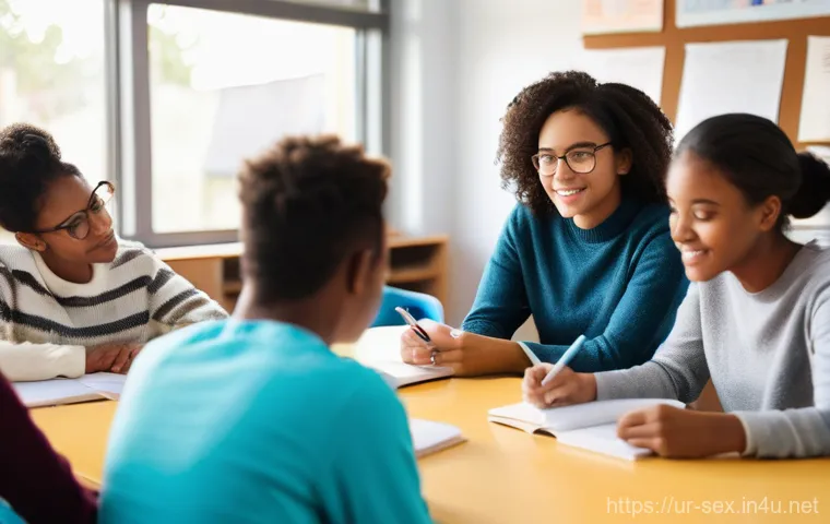 성교육과 성적 커뮤니케이션 스킬 - **Prompt:** "A diverse group of young adults, late teens to early twenties, are gathered in a bright...