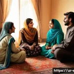 Home 20 성교육과 미디어 속 성역할 - A warm and respectful family setting in a traditional Pakistani home, showing parents and teenage ch...