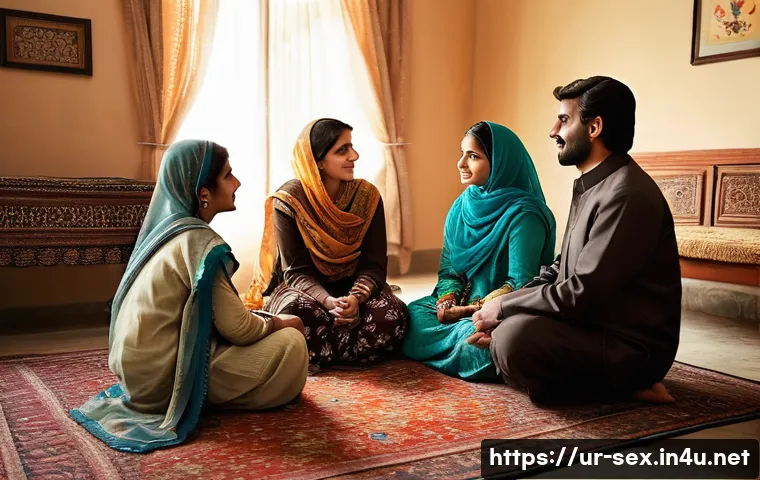 성교육과 미디어 속 성역할 - A warm and respectful family setting in a traditional Pakistani home, showing parents and teenage ch...