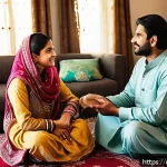 Home 19 성교육과 성적 문제 상담 - A warm and inviting family living room scene in a Pakistani household, showing a loving parent and a...