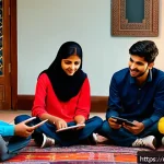 Home 23 디지털 시대의 성교육 - A vibrant digital classroom scene showing diverse South Asian teenagers engaging with an interactive...