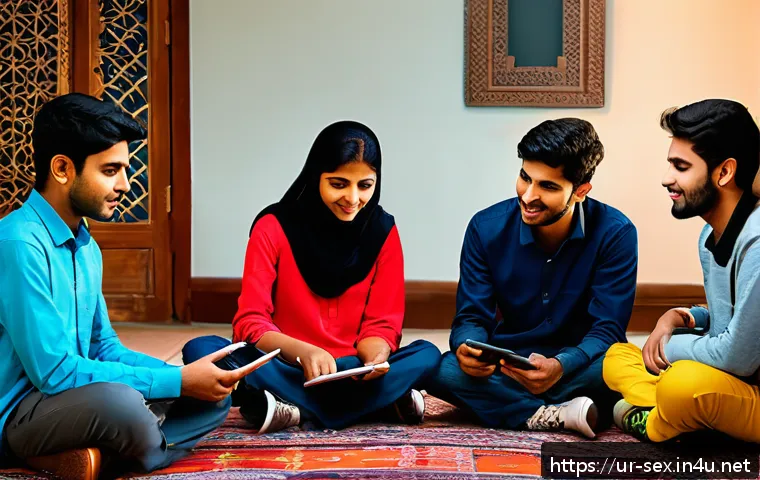 디지털 시대의 성교육 - A vibrant digital classroom scene showing diverse South Asian teenagers engaging with an interactive...